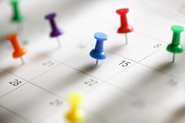 Calendar with colored push pins